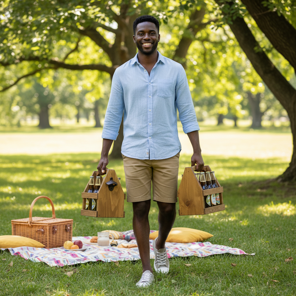 Beer and Wine Carrying Box with Bottle Opener, Natural Hardwood