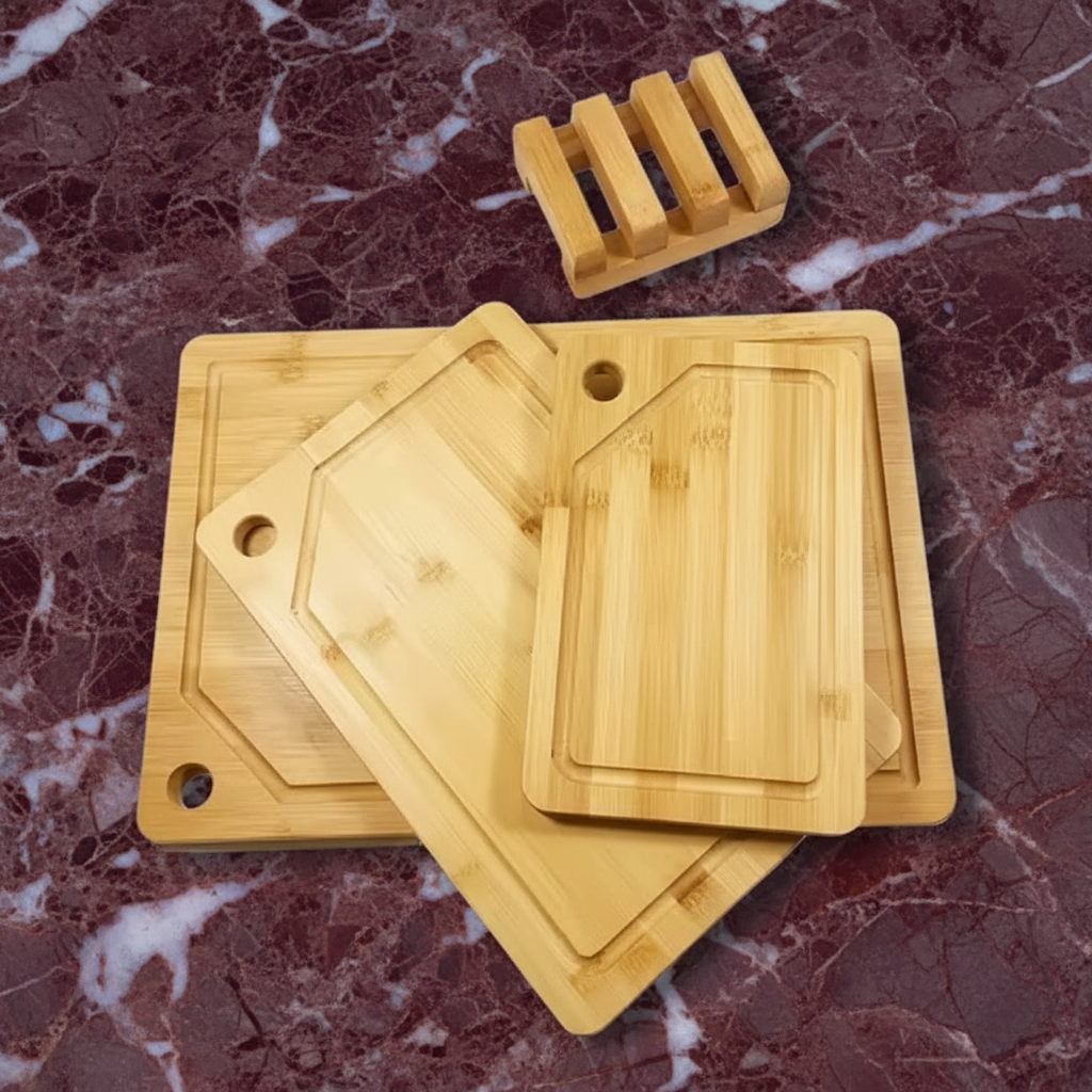 Bamboo Cutting/Serving Board, 4pcs Set, including Holder