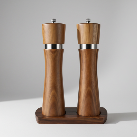 Spice Mill Set, Acacia Hardwood with Metal ring, 2pcs, with the Base