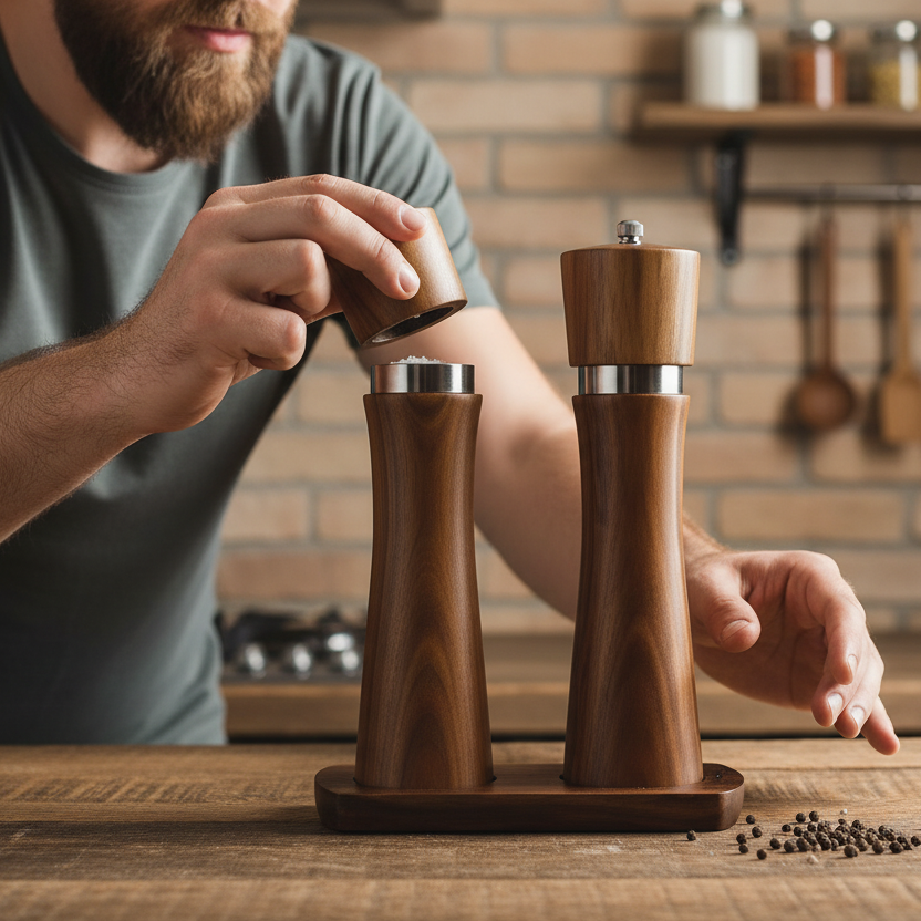 Spice Mill Set, Acacia Hardwood with Metal ring, 2pcs, with the Base