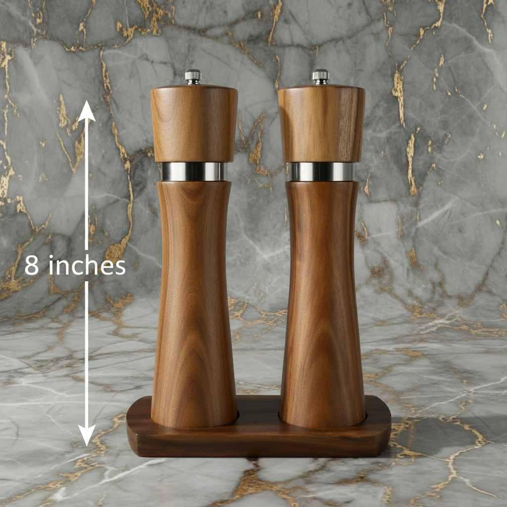 Spice Mill Set, Acacia Hardwood with Metal ring, 2pcs, with the Base