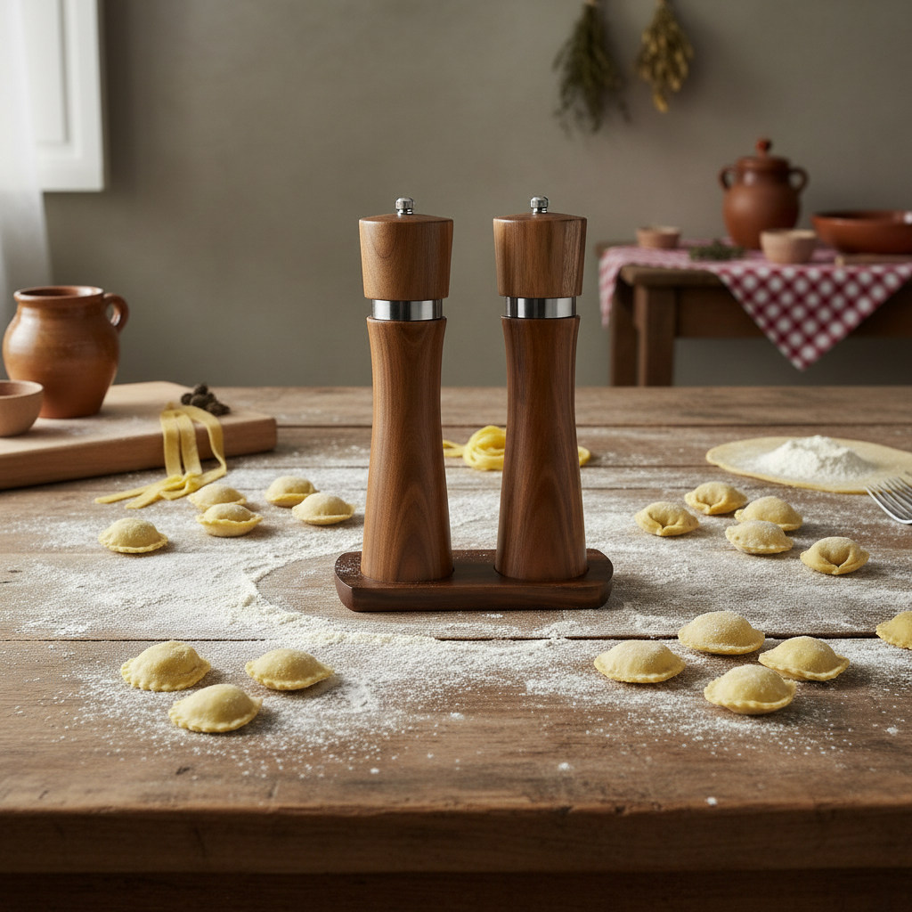 Spice Mill Set, Acacia Hardwood with Metal ring, 2pcs, with the Base