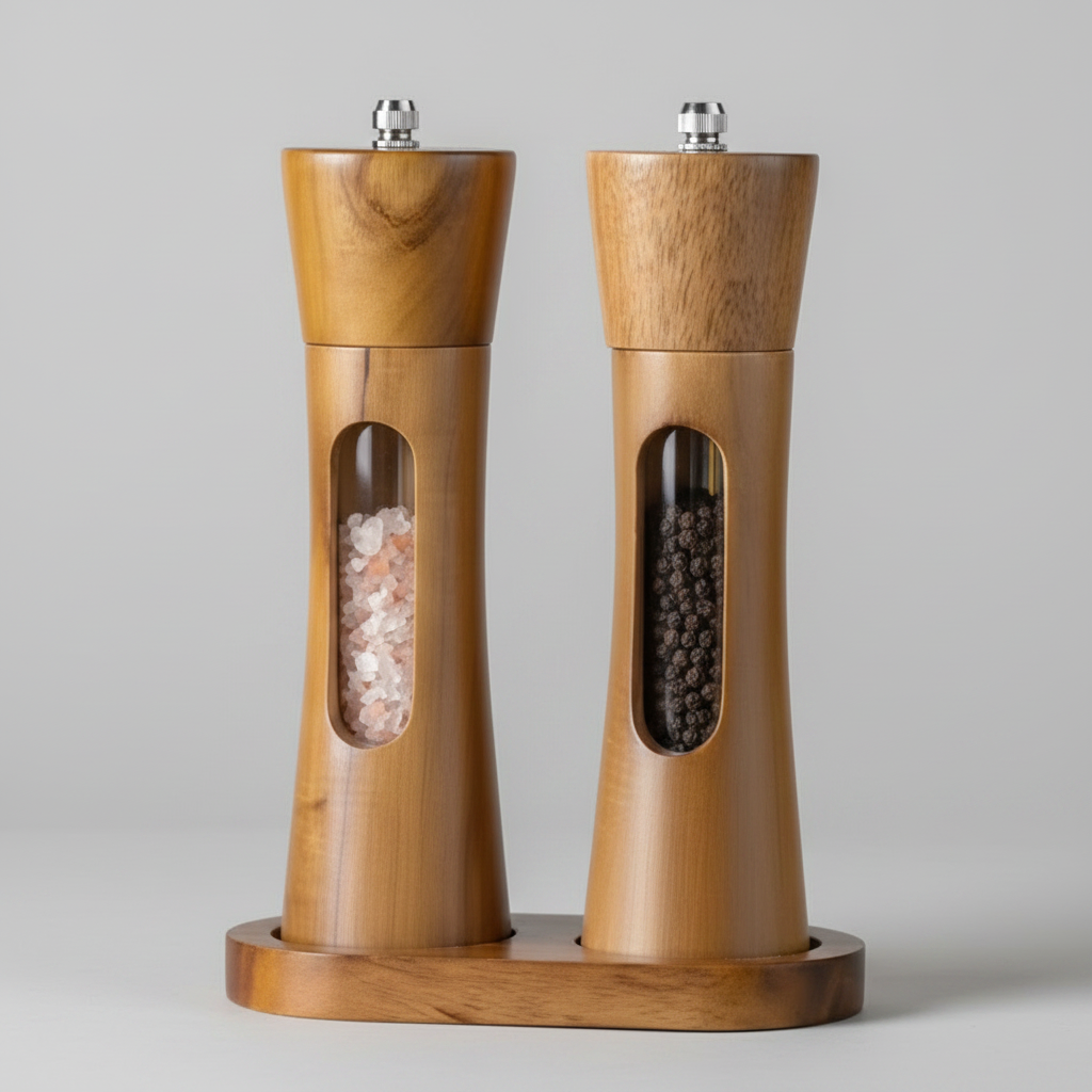 Acacia Wood Grinder Set, Transparent Window, 8" Tall, 2pcs Set with the Wooden Base