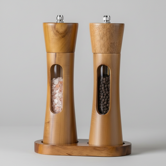 Acacia Wood Grinder Set, Transparent Window, 8" Tall, 2pcs Set with the Wooden Base