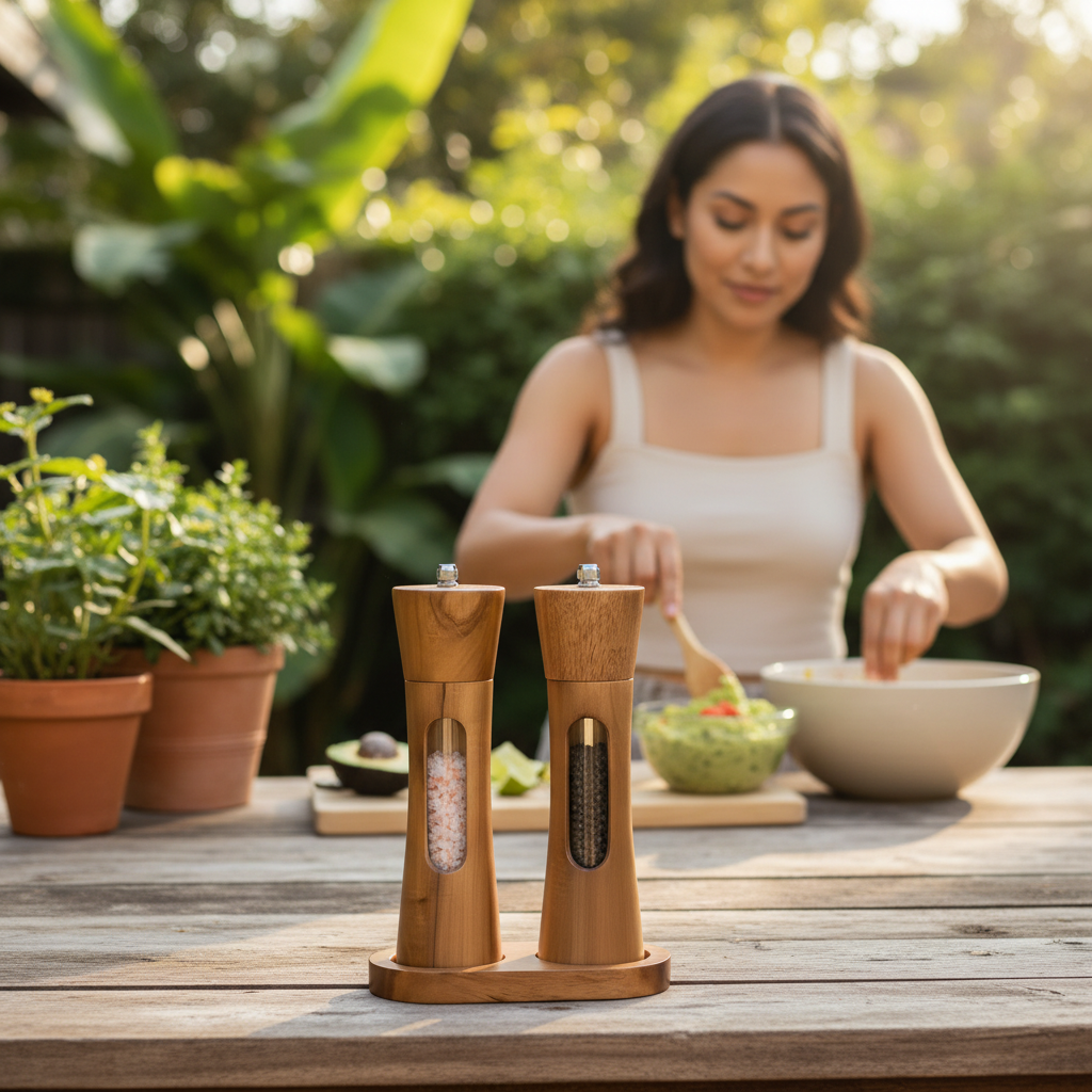 Acacia Wood Grinder Set, Transparent Window, 8" Tall, 2pcs Set with the Wooden Base