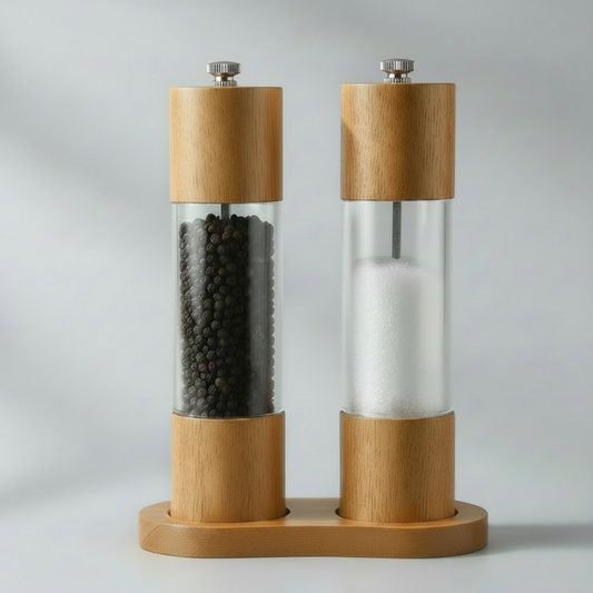 Salt and Pepper Grinder 2pcs Set, Rubberwood, Acrylic see-through walls, 8" Tall