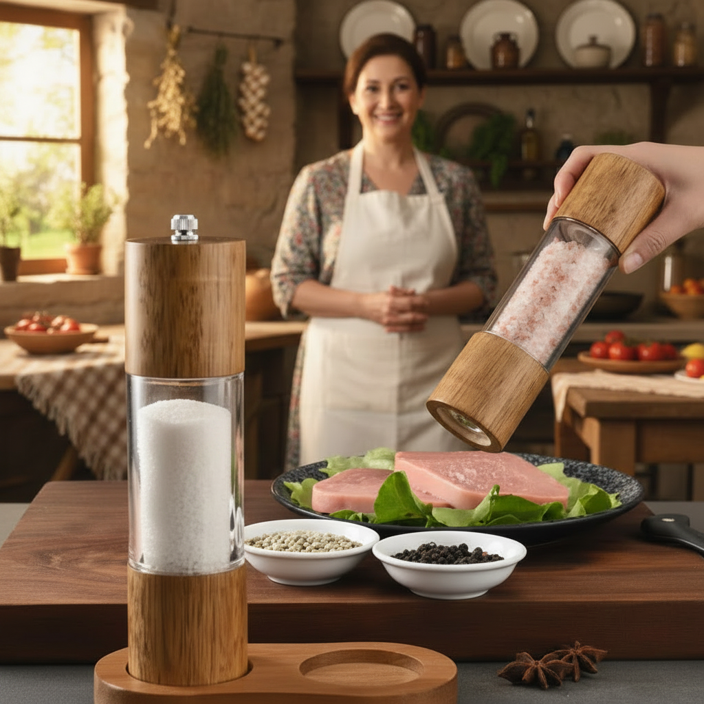 Salt and Pepper Grinder 2pcs Set, Rubberwood, Acrylic see-through walls, 8" Tall