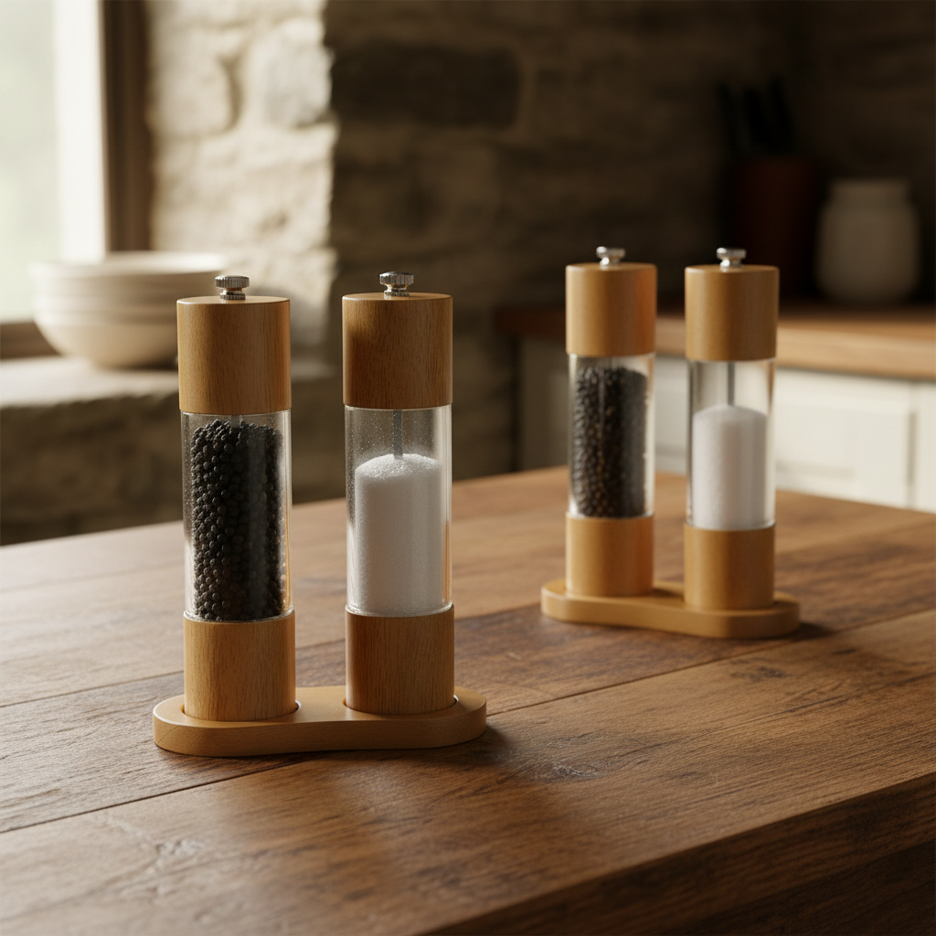 Salt and Pepper Grinder 2pcs Set, Rubberwood, Acrylic see-through walls, 8" Tall
