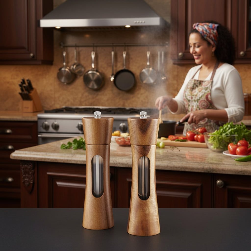 Transparent Window Acacia Wood Grinder Set, 8" Tall, 2pcs Set